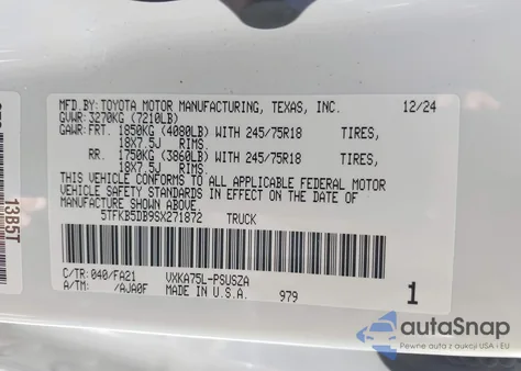 2025 Toyota Tundra Sr 4Wd из США, поврежденный, VIN 5TFKB5DB9SX271872